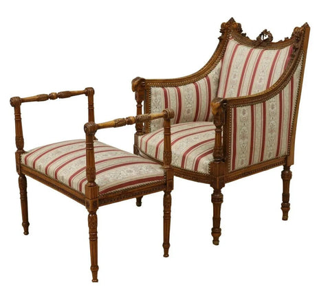 Antique Bergere & Stool, Louis XVI Style, Upholstered, Walnut, Nailhead Tr 1800s - Old Europe Antique Home Furnishings