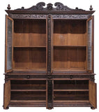Antique Bookcase, Cabinet, French Henri II, Carved Oak, Stepback Display, 1800s