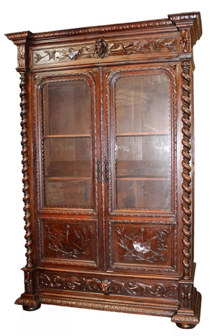 Antique Bookcase, French Louis XIII, Barley Twist, Oak, Relief Carved, 1800's!! - Old Europe Antique Home Furnishings