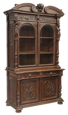 Antique Bookcase, French, Figural, Carved Oak, Library, Glazed Doors, 1800's!! - Old Europe Antique Home Furnishings