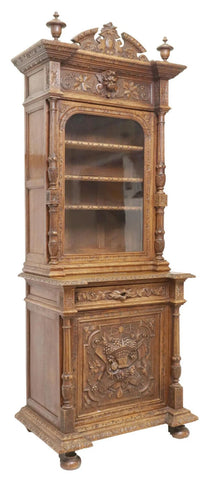 Antique Cabinet, French Henri II Style Oak Stepback, Crest, Crown, Glazed, 1800s - Old Europe Antique Home Furnishings