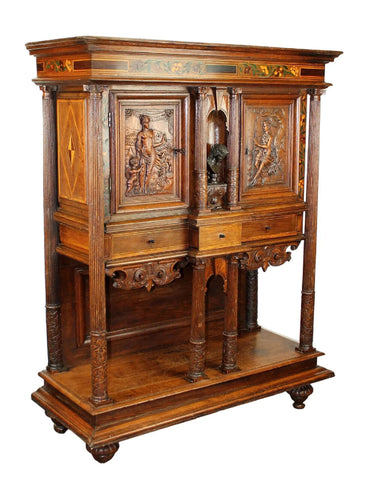 Antique Cabinet, Wine, French Renais. Revival, Carved Oak, Figural Panels, 1800s - Old Europe Antique Home Furnishings