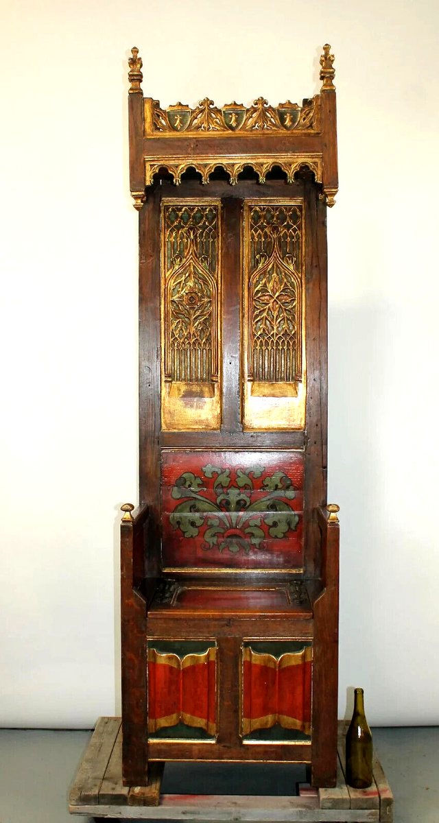 Antique Chair, French Gothic Revival Oak, Polychrome, Panels