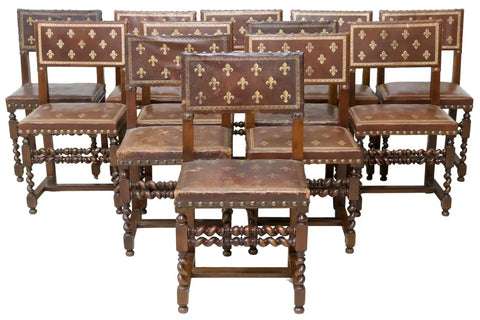Antique Chairs, Dining, (12), Louis XIII Style, Leather & Oak, Gilt, E. 1900s - Old Europe Antique Home Furnishings