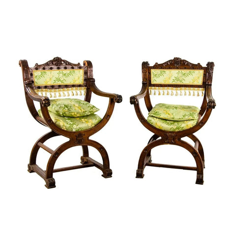 Antique Chairs, Savonarola, Set of 2, Italian Renaissance, Wood, 19th / 20th C.! - Old Europe Antique Home Furnishings