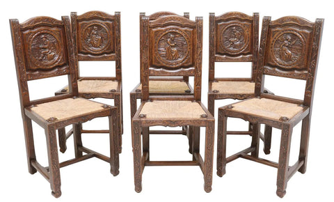 Antique Chairs, Set of 6 French Breton, Carved, Oak, Figural & Floral, 1800s! - Old Europe Antique Home Furnishings