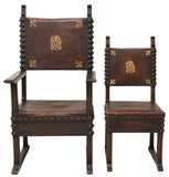 Antique Chairs, Spanish Baroque Style Oak, Leather (7), Nailhead, Finials, 1800s - Old Europe Antique Home Furnishings