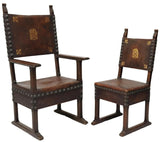 Antique Chairs, Spanish Baroque Style Oak, Leather (7), Nailhead, Finials, 1800s - Old Europe Antique Home Furnishings