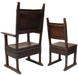 Antique Chairs, Spanish Baroque Style Oak, Leather (7), Nailhead, Finials, 1800s - Old Europe Antique Home Furnishings