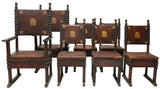 Antique Chairs, Spanish Baroque Style Oak, Leather (7), Nailhead, Finials, 1800s - Old Europe Antique Home Furnishings