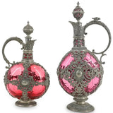 Antique Clarets, Colored Pink Glass & Pewter, Two Pieces, European, 1800s! - Old Europe Antique Home Furnishings