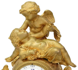 Antique Clock, Mantle Shelf,French Cupid Psyche Gilt Metal, Glass Cloche, 1800's - Old Europe Antique Home Furnishings