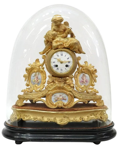 Antique Clock, Mantle Shelf,French Cupid Psyche Gilt Metal, Glass Cloche, 1800's - Old Europe Antique Home Furnishings