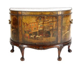 Antique Demilune Chest, Paint Decorated Scenes, Clad Leather, Brass Hand., 1800s - Old Europe Antique Home Furnishings