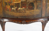 Antique Demilune Chest, Paint Decorated Scenes, Clad Leather, Brass Hand., 1800s - Old Europe Antique Home Furnishings