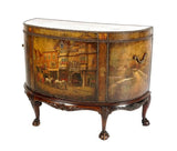 Antique Demilune Chest, Paint Decorated Scenes, Clad Leather, Brass Hand., 1800s - Old Europe Antique Home Furnishings
