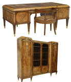 Antique Desk, Office Suite, French Oromlu-Mounted Burlwood, 3-Piece Set, 1800's - Old Europe Antique Home Furnishings