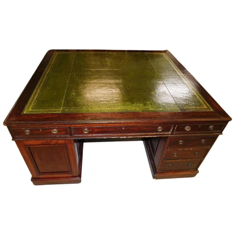 Antique Desk, Partners, Mahogany, Green Tooler Leather Top, Office, 1800s!! - Old Europe Antique Home Furnishings