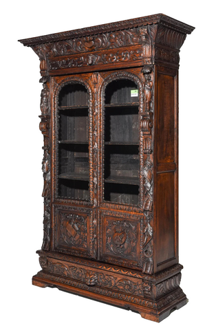 Antique Display Cupboard / Bookcase, Renaissance Style, Carved Oak, 1800s! - Old Europe Antique Home Furnishings