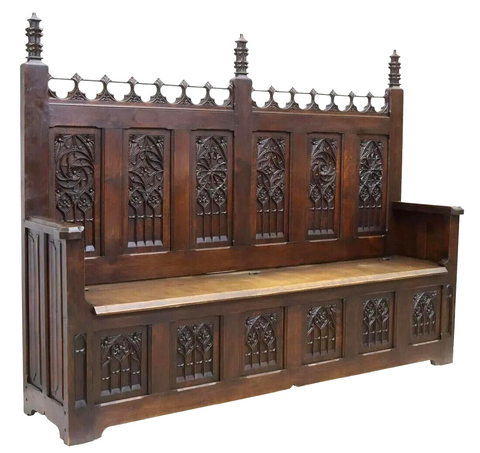 Antique Hall Bench, Coffer French Gothic Revival, Oak, 19th c 1800s - Old Europe Antique Home Furnishings