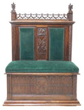 Antique Hall Bench, French Gothic Revival, Armorial, Carved Wood, Green, 1800s! - Old Europe Antique Home Furnishings