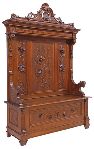 Antique Hall Bench, Italian Ren Revival Carved, Walnut, Storage, 1800s, 19th C.