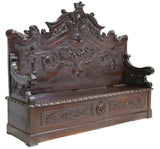 Antique Hall Bench, Renaissance Revival, Carved, Oak, Coffer-Base, 19th, 1800s - Old Europe Antique Home Furnishings