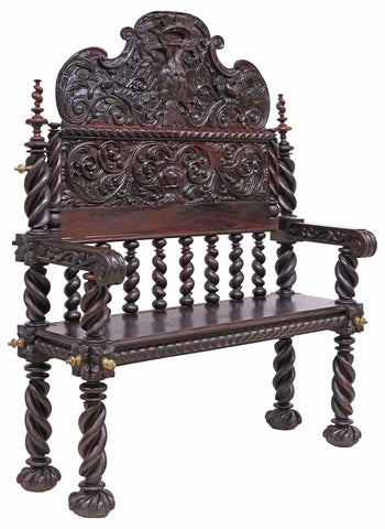 Antique Hall Bench, Spanish, Baroque Revival, Carved, Walnut, Twist Legs, 1800s