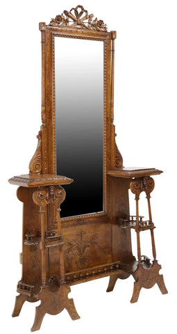 Antique Hall Stand, Mirrored, Italian Carved, Walnut, Beveled Mirror, E. 1900's - Old Europe Antique Home Furnishings