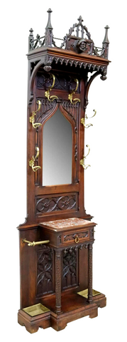 Antique Hall Tree, French Gothic Revival, Mirrored Oak, Mirrored, Mask, 1900's! - Old Europe Antique Home Furnishings