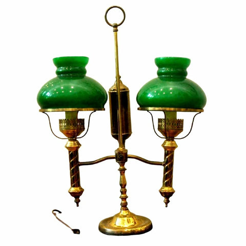 Antique Lamp,Brass Double Arm, Student, Oil-Now Electric, Green Shades, 1800s!