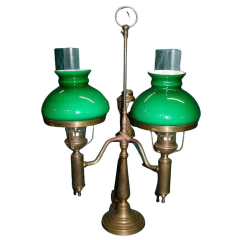 Antique Lamp, Brass Student Lamp W/ Two Emerald Shades, Lighting, 28.25 Ins.! - Old Europe Antique Home Furnishings