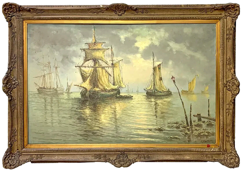 Antique Painting, Oil on Canvas, European, Signed, "Ships in Ind. Harbor", 1900s - Old Europe Antique Home Furnishings