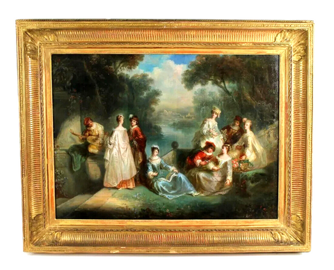 Antique Painting, Oil on Canvas, French, "Courting Scene", Giltwood, 1800s, 19 C - Old Europe Antique Home Furnishings