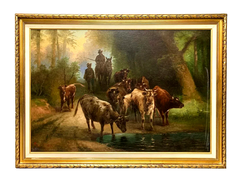 Antique Painting, Oil on Canvas on Board, Cattle, European, Signed by Heiniger!! - Old Europe Antique Home Furnishings