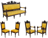 Antique Parlor Set, Five Pc. Victorian, Figural, Carved & Upholstered, 1800s!! - Old Europe Antique Home Furnishings