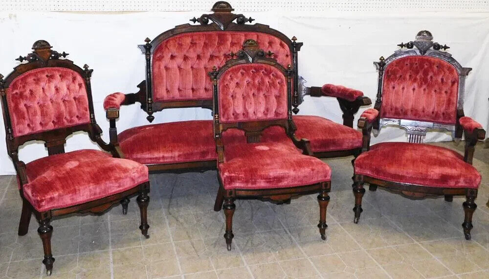 Parlor Set Antique Parlor Set, Victorian Renaissance Revival, 4-Pieces, Walnut, 1 ...