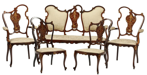 Antique Salon Set, Austrian, Inlaid, 5-Piece Set, Settee with 4 Chairs!! - Old Europe Antique Home Furnishings