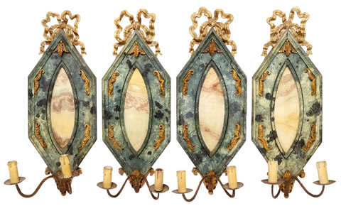 Antique Sconces, 4 Italian Painted, Marbelized, Two-Light, Crest, Scroll, 1900s - Old Europe Antique Home Furnishings