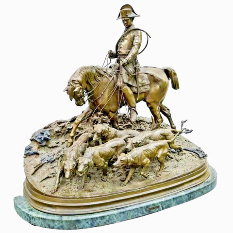 Antique Sculpture, Bronze, Large, Pierre Jules Mene, French, "Fox Hunt", Marble Base!