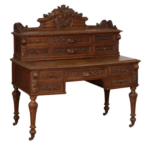 Antique Secretaire, French Henri II Style, Carved Oak , E. 20th C., H.- 54.5 in.