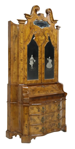 Antique Secretary, Venetian, Burled, Walnut, Mirrored, Desk, early 1900s!! - Old Europe Antique Home Furnishings