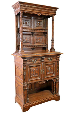 Antique Sideboard, French Renaiss. Revival, Large Carved Walnut 83” 19/20th C.! - Old Europe Antique Home Furnishings