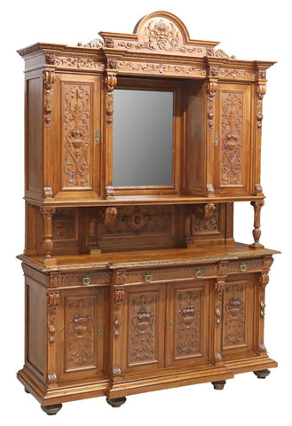 Antique Sideboard, Italian Fruit & Hounds, Carved Wood, Walnut, Mirror, 1800s!! - Old Europe Antique Home Furnishings