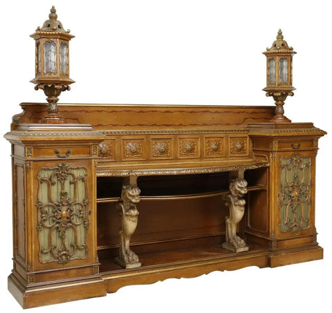 Antique Sideboard, Italian Paint Decorated, Carved Wood, with Lanterns, 1800s!! - Old Europe Antique Home Furnishings