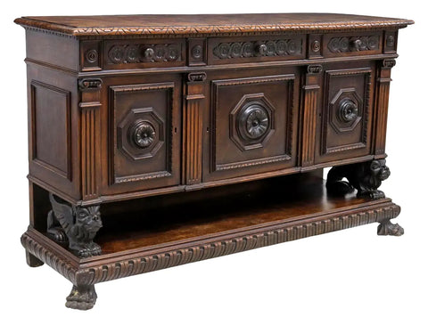 Antique Sideboard, Italian Renaissance Revival, Walnut, Figural Supports, 1800s - Old Europe Antique Home Furnishings