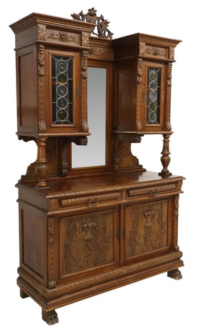 Antique Sideboard, Renaissance Revival, Carved, Walnut, Crest, Mirror, 1800's! - Old Europe Antique Home Furnishings