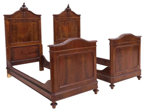 Antique Single Beds, Pair, &nbsp;Italian, Figured Walnut, Cartouche, Dark Wood Tones, 1800s, 19th C.!