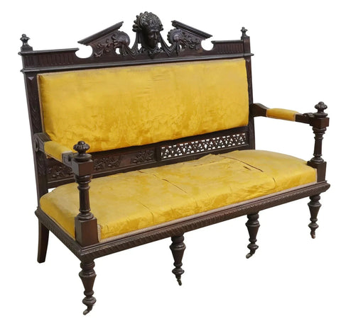 Antique Sofa, Salon Settee, Victorian, Figural, Carved, Upholstered, 1800s!! - Old Europe Antique Home Furnishings