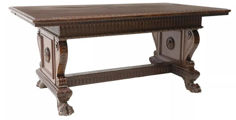 Antique Table, Italian Renaissance Revival, Carved, Trestle, Dining, Early 1900s - Old Europe Antique Home Furnishings